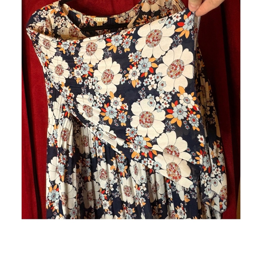 Spense Navy Blue Floral Pleated Boho Blouse - Picture 5 of 7